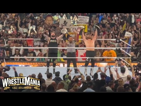 Sami Zayn & Kevin Owens with the Tag Team Championships at Wrestlemania 39!!